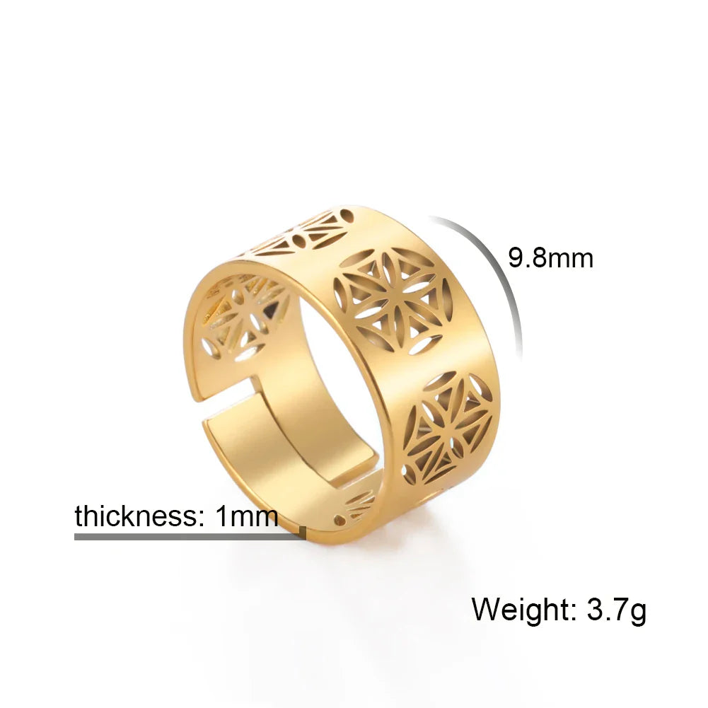Skyrim Flower of Life Ring Women Stainless Steel Gold Color Sacred Geometry Open Adjustable Aesthetic Rings 2024 Jewelry Gift