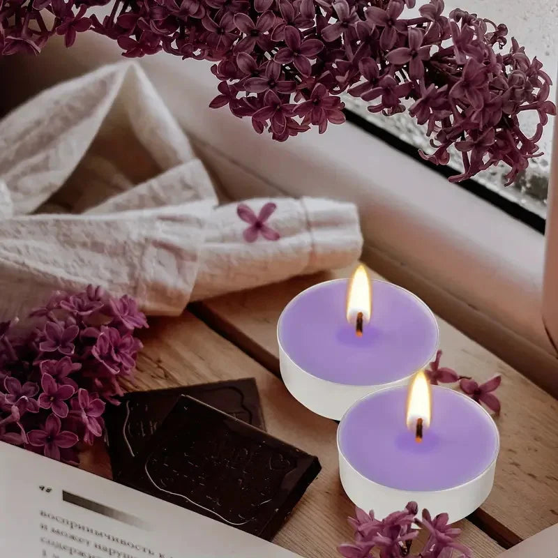 Air Fusion 100 Count Tea Lights Candles Purple Lavender & Vanilla Scented 2.5 Hours Smoke-free Drip-free.