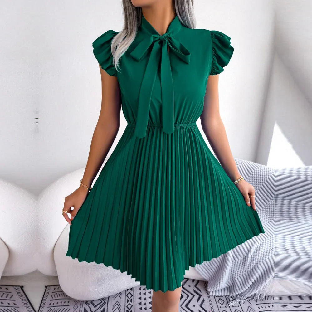 Women Spring Summer Elegant Lace Up High Waist Large Fold Dress Bow Collar Solid Pleated Dresses
