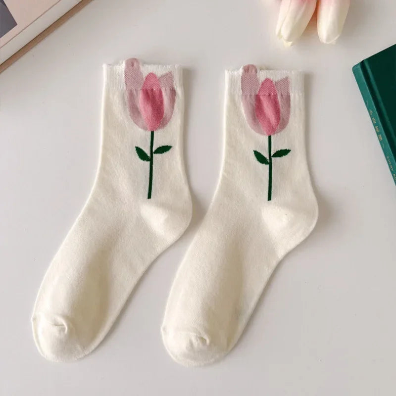 New Style Crew Socks for Women Spring Fashion Cute Flower Long Cotton Socks Japanese Style Breathable Casual Trendy Absorb Sweat
