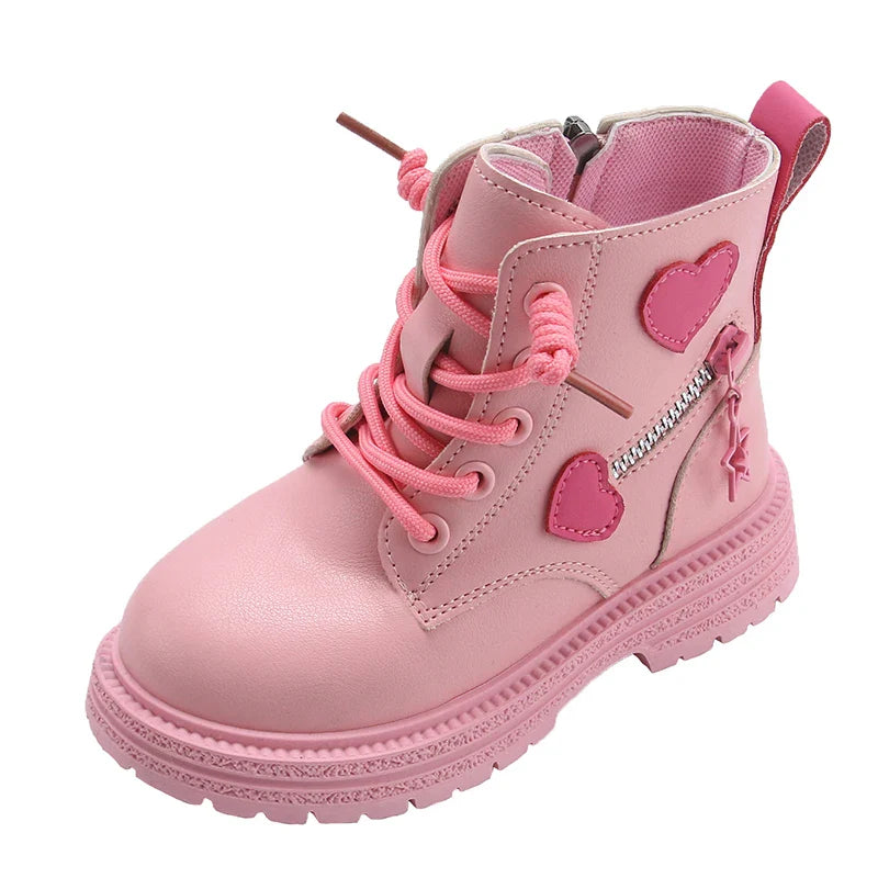 Kids Fashion Rubber Boots Cool Girl Autumn and Winter Cotton Soft Sole Pink with Love Side Zip Princess Round-toe PU Girls Boots