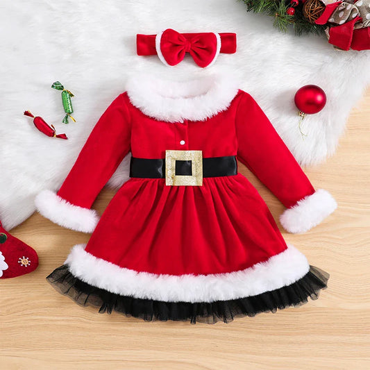 1-6years Kids Girl Christmas Dress Long Sleeve Furry Patchwork Dress With Bowknot Cosplay Xmas Dress For Girls
