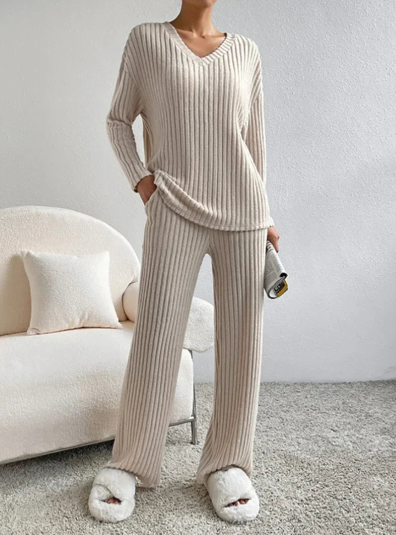 Two-piece Set Female 2024 Fall New Fashion Casual Straight Pants Temperament Loose V-neck Pit-stripe Knitting Women's Clothes