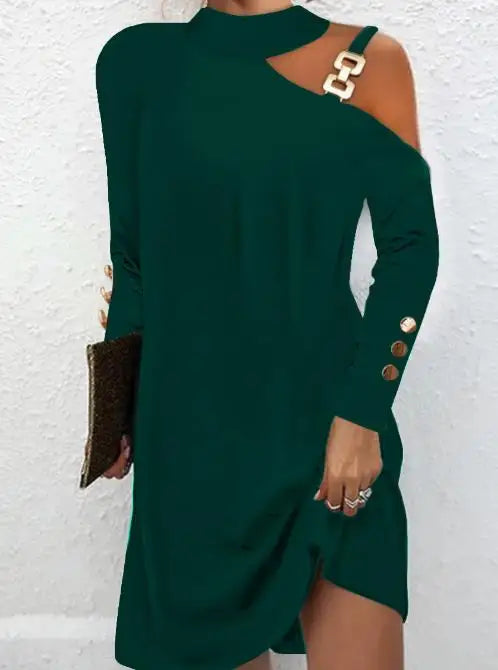 Women's Dress Long Sleeve Shift Dress Autumn 2023 Elegant Simple Metal Buckle Halter Neck Button Dress Women's Work Mini Dress