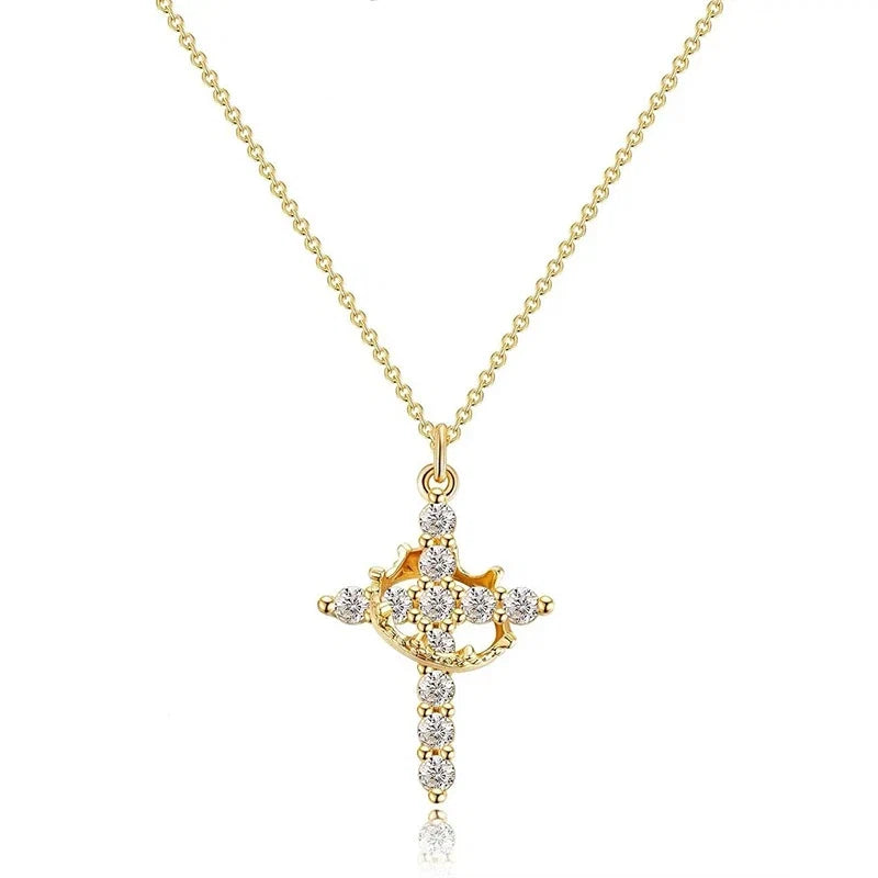 Exquisite Crown Cross Rhinestone Rotating Necklace for Women Fashion Copper Stainless Steel Necklace Party Banquet Jewelry Gift
