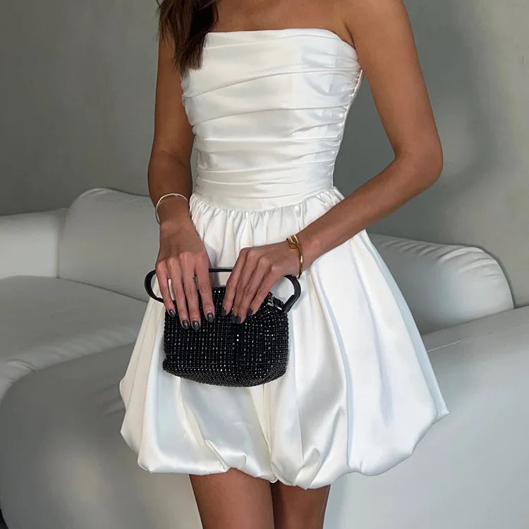 White Pleated Mini Dress For Women Bandeau Slim Patchwork Backless Elegant Fashion Dress Solid Female Party Dress 2024 New