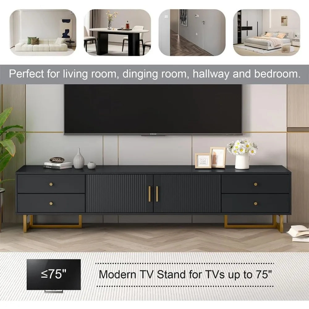 71" Fluted TV Stand, Modern Low Stand for TVs up to 80 Inches, Entertainment Center with Storage and 4 Drawers