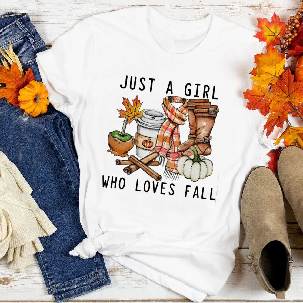 Just A Girl Who Loves Fall Shirt Thanksgiving Graphic Tee Clothes Fashion Pumpkin Spice Print T Shirt Tops Holiday Female Outfit