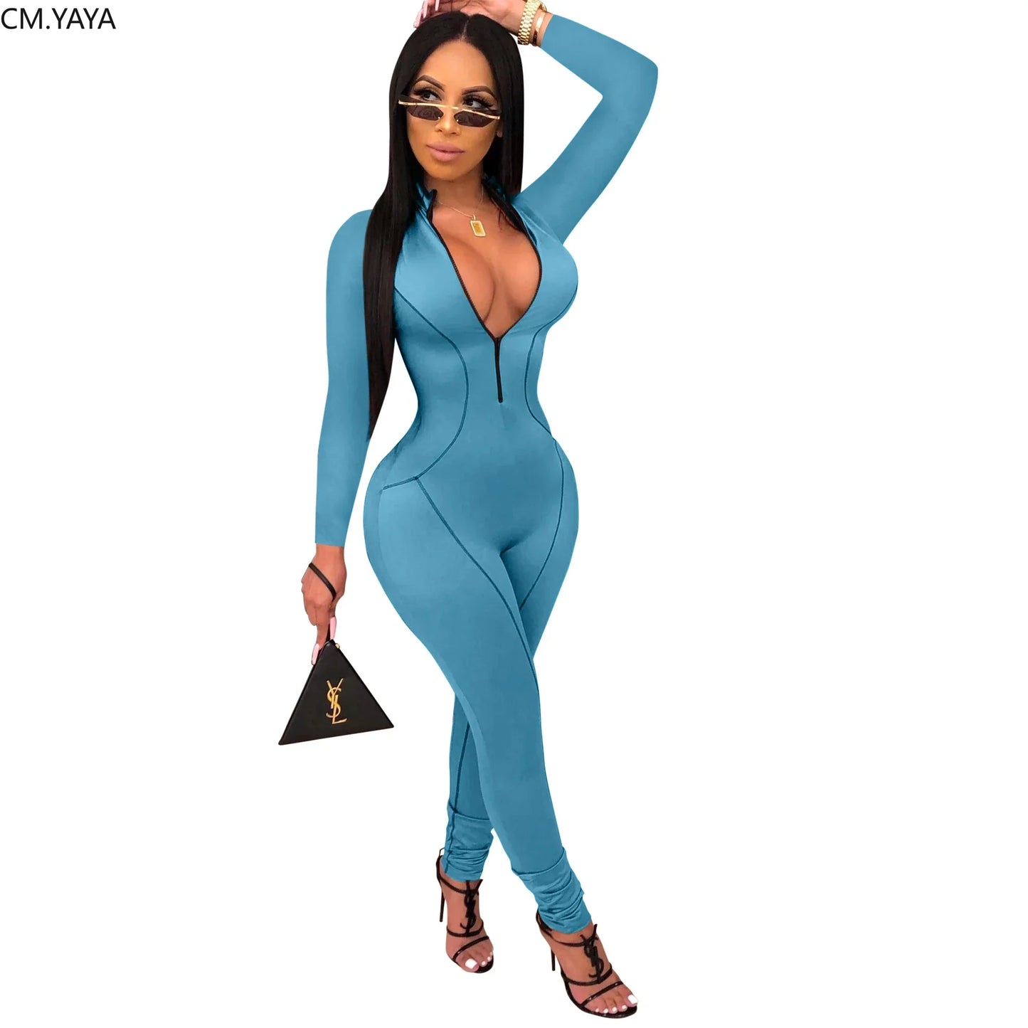 New Autumn Women Zipper Up Striped Splicing Long Sleeve Bodycon Moto Biker Jumpsuit Sexy Club Night Party Romper Playsuit GL9371