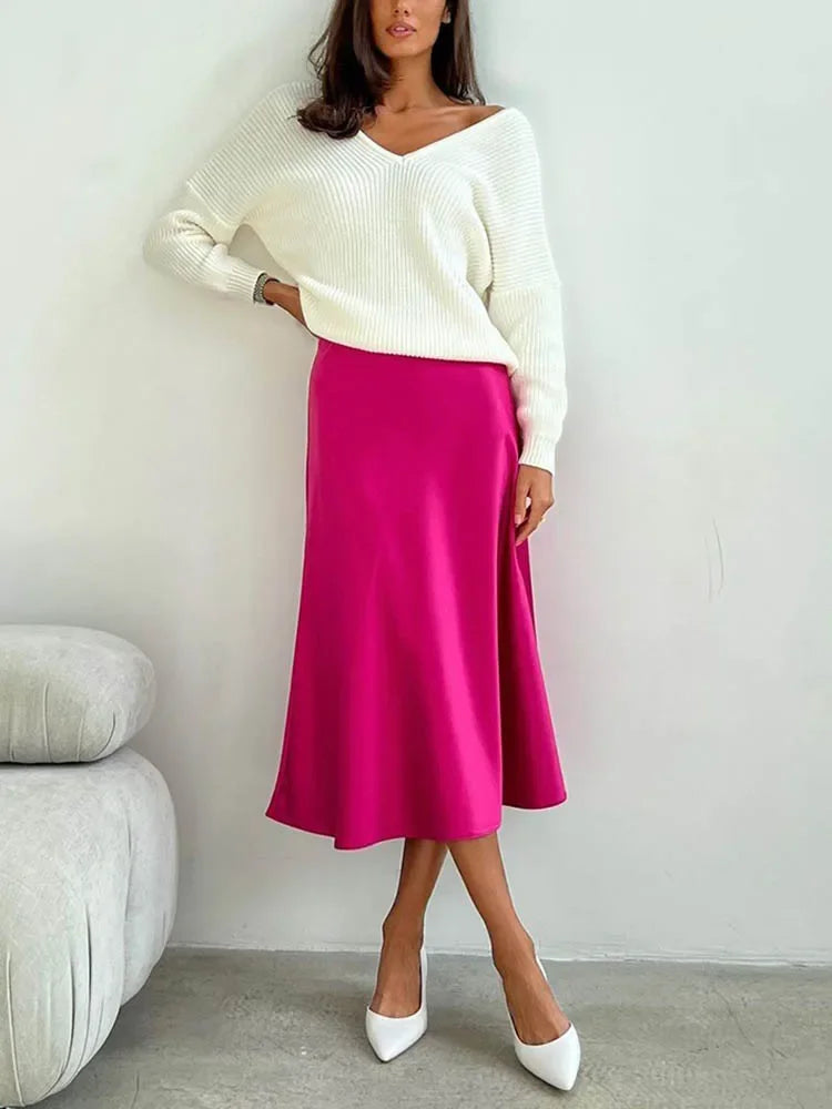 Elegant Women's Skirts Korean Fashion Satin Silk A-line Skirt Office Black Champagne Long Summer Skirts Woman Fashion 2024