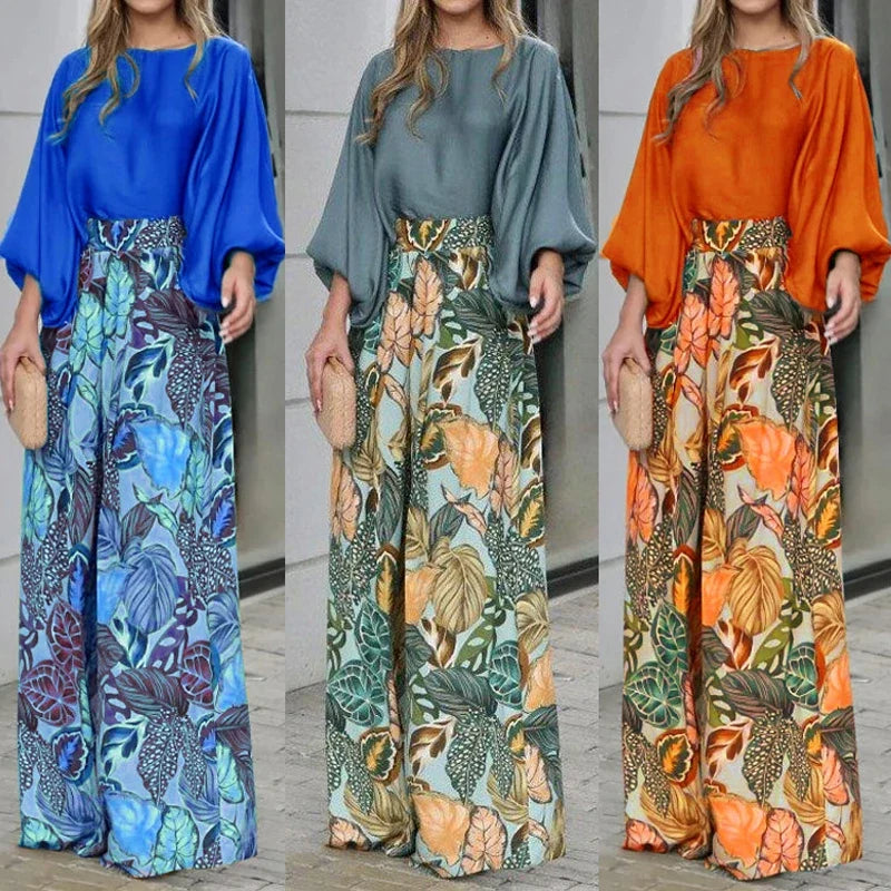 Women's 2 Piece Set 2024 New Fashion Autumn Solid Long Sleeve T-shirts & Digital Print Wide Leg Pants Suit Woman Pants Set