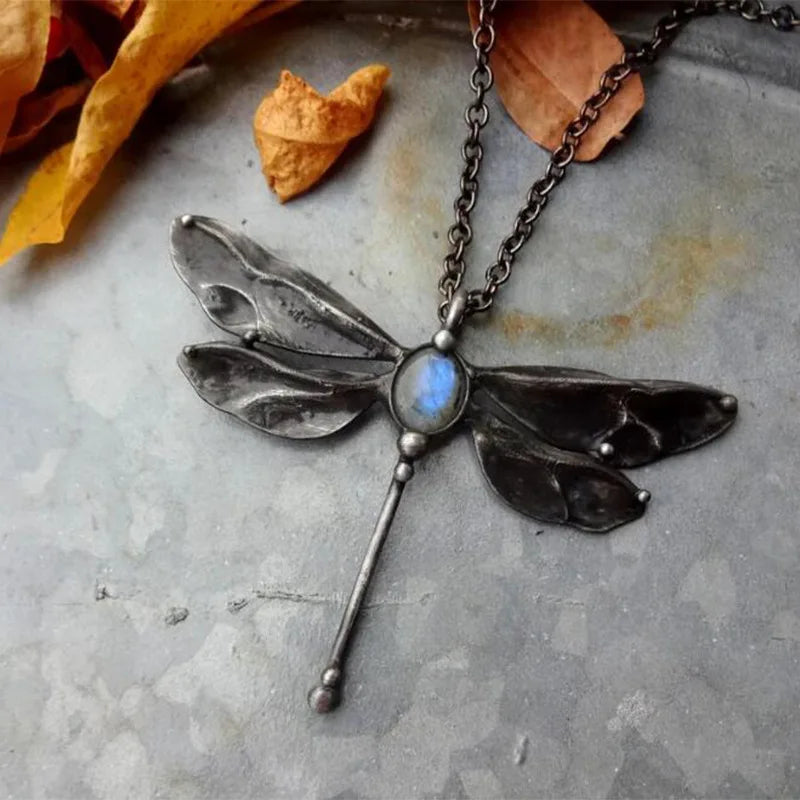 Vintage Insect Dragonfly Moonstone Necklace for Women Girl Charm Leather Rope Choker Necklaces Hiphop Accessories