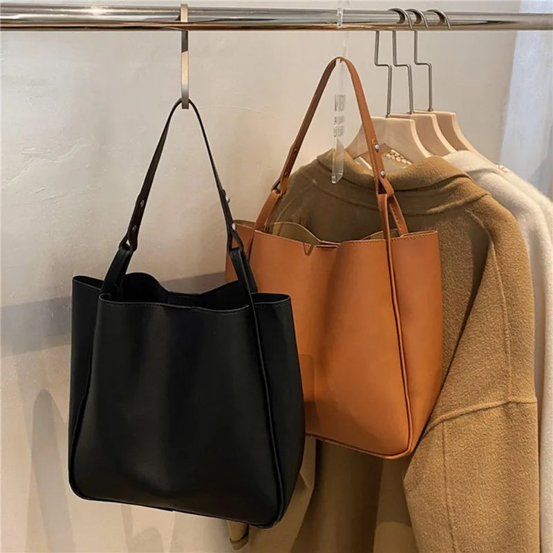 Simple Women Bucket Shoulder Bags New Solid Color Handbags Retro Large Capacity Tote Bags Large Capacity Pu Leather Bags 2024
