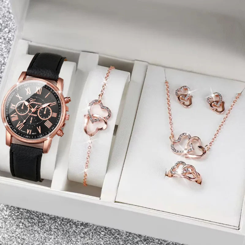 Fashion Women's Quartz Watch Leather Band Analog Wrist Watches Heart Rhinestone Jewelry Set(With Exquisite Gift Box)