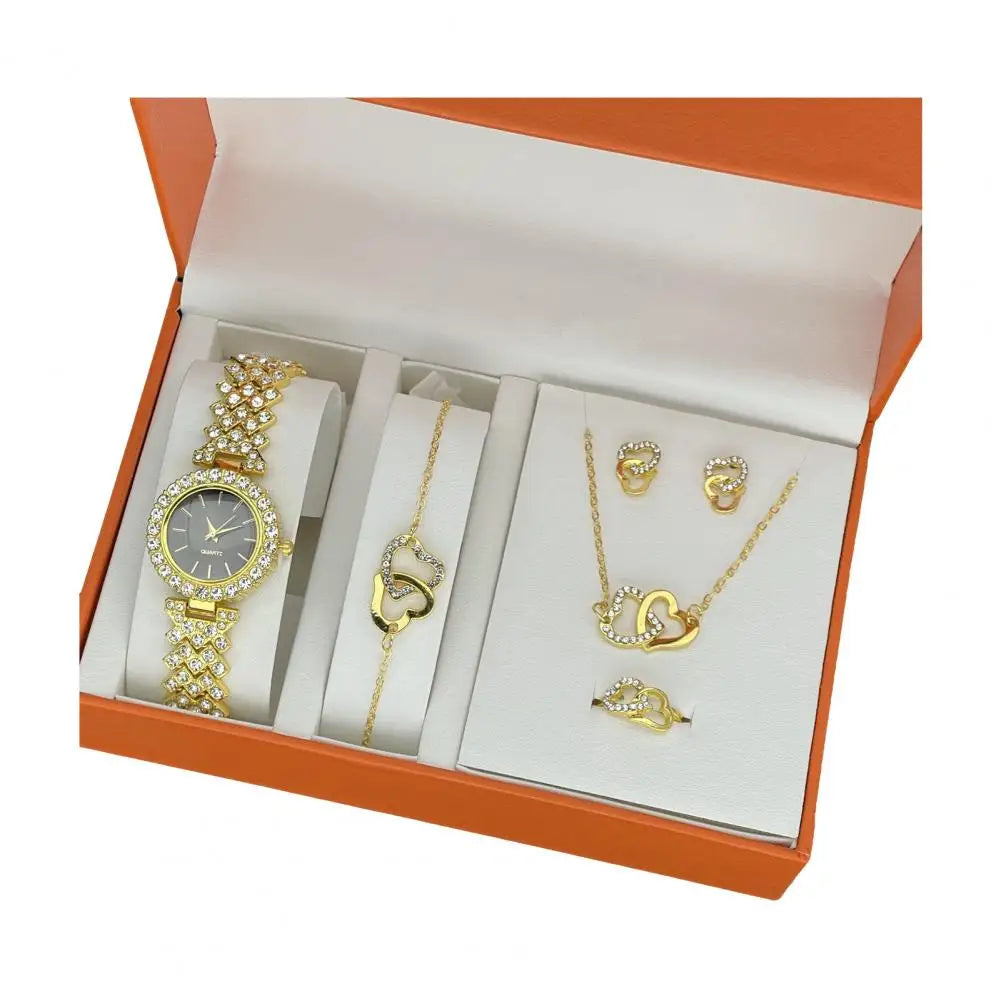 1 Set Women Jewelry Set with Gift Box Complete Collection of Quartz Watch Necklace Bracelet Ring Earring Set Golden Jewelry Gift