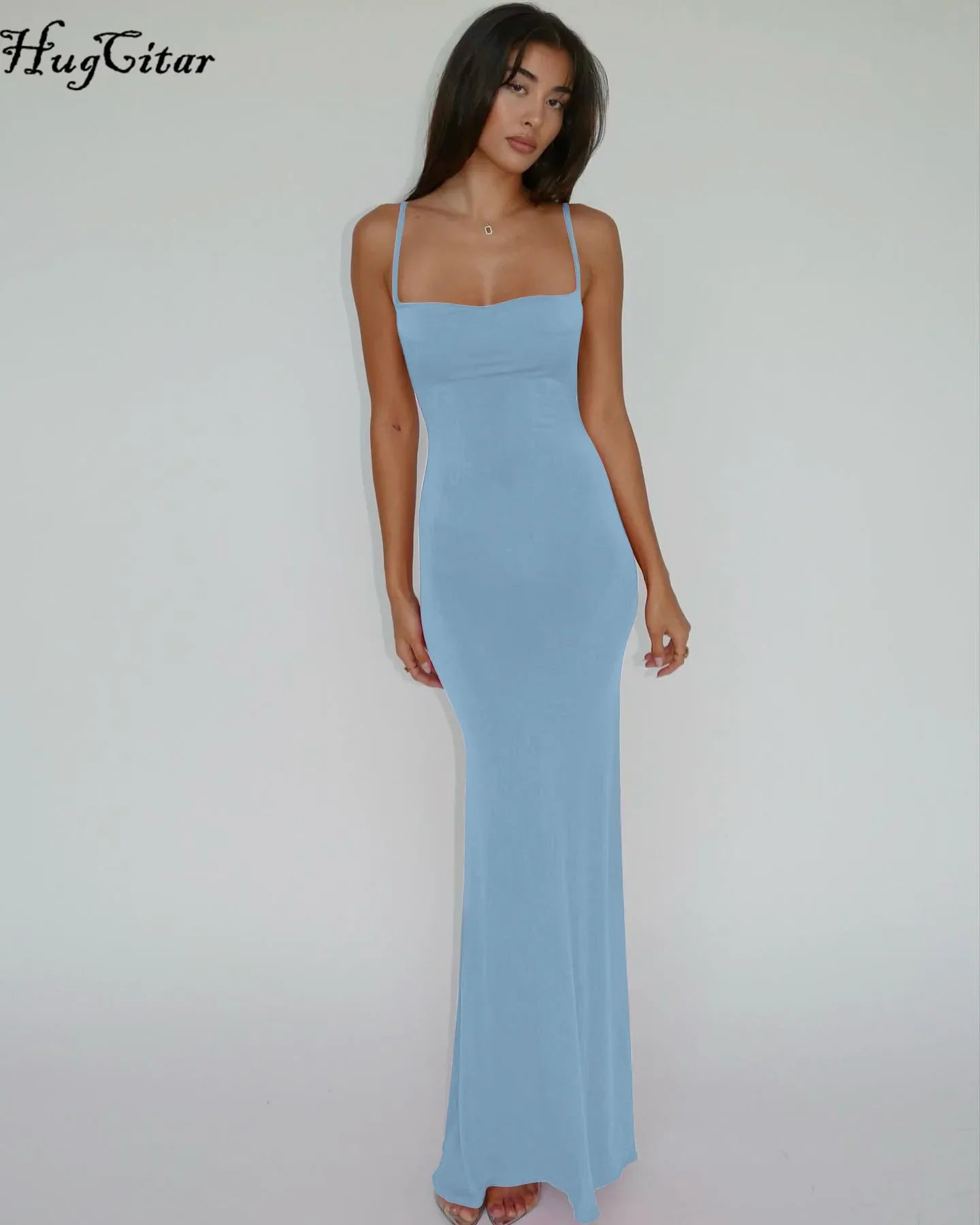 Hugcitar 2025 Spring Solid Sleeveless Backless Elegant Sexy Bodycon Y2K Maxi Prom Dress Women Clothes Birthday Party Casual Y2K