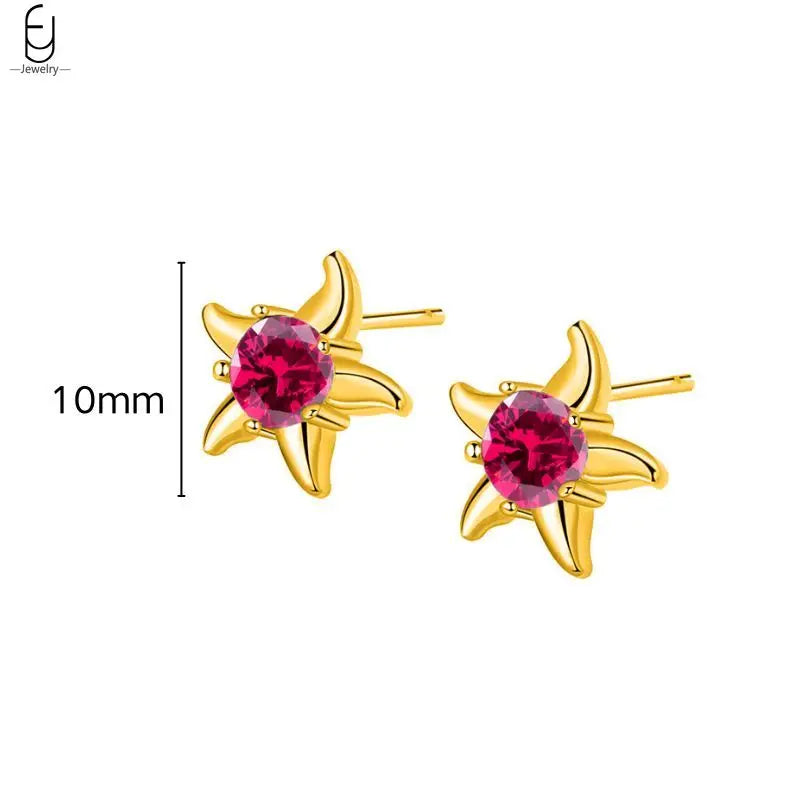 925 Sterling Silver Needle Rose Red Crystal Stud Earrings For Women Water Drop/Heart Pendant Gold Earrings Fashion Jewelry Gifts