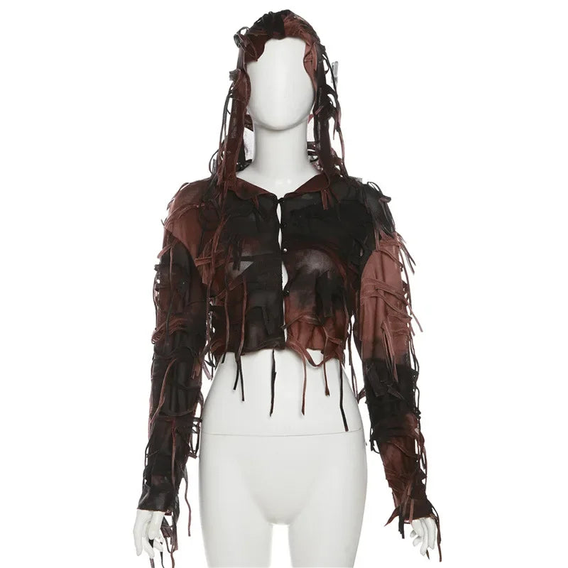 Goth Dark Fairy Grunge Y2k Tassel Hooded Cardigans Vintage Gothic Long Sleeve Women Blouses Streetwear Single-breasted Crop Tops