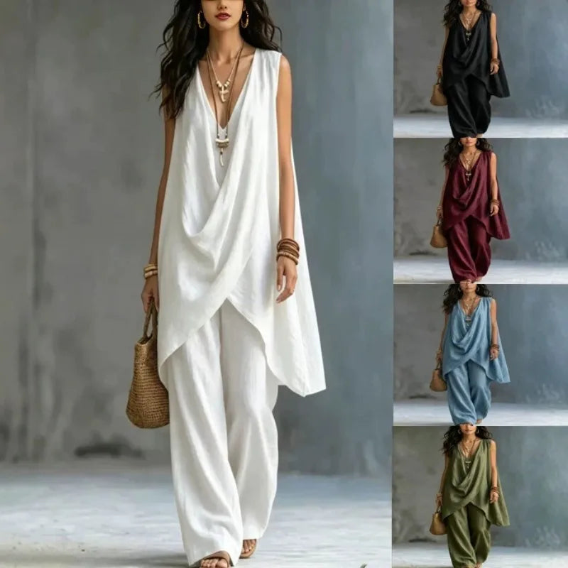2026 Summer Linen Cotton Sleeveless Stand Collar Set Women Casual Loose Fit Solid Wide Leg Pants Vacation Outfit