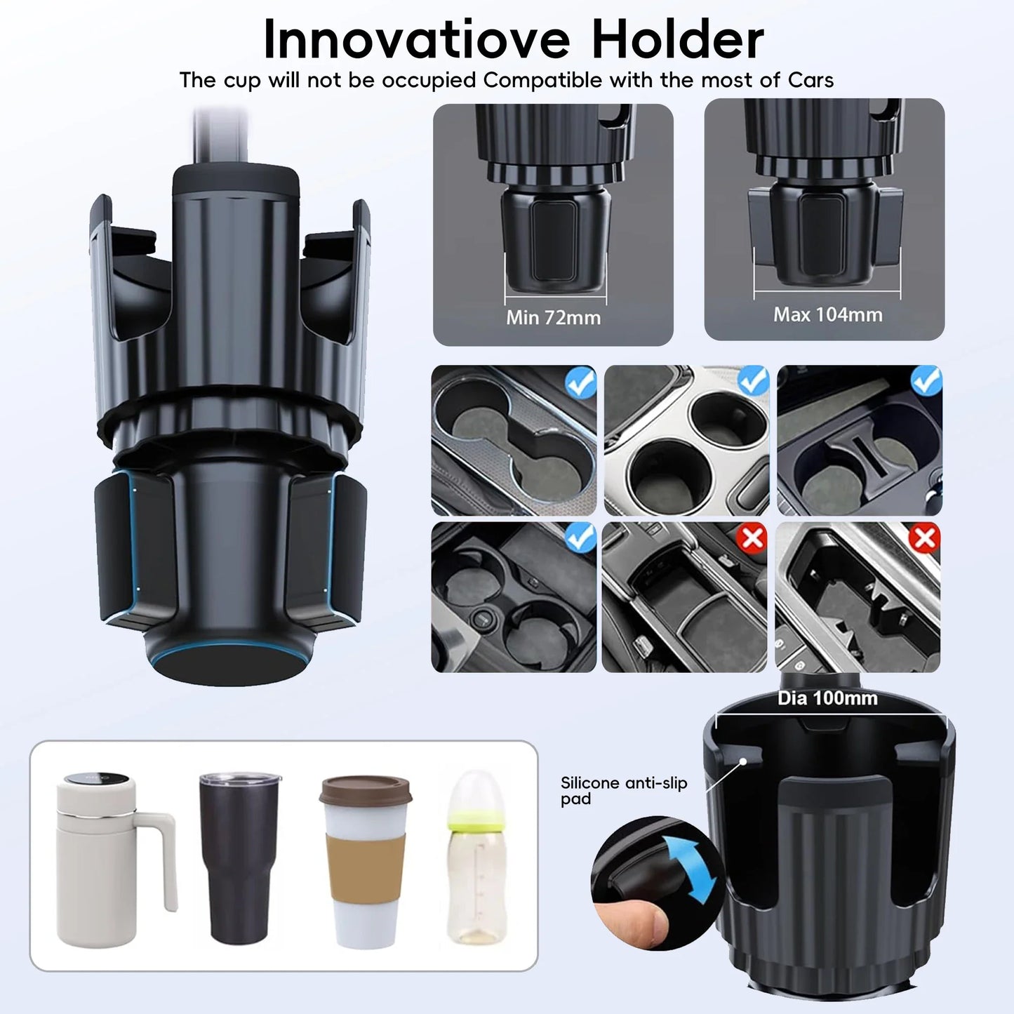 Tablet Holder for Car, 3 in 1 Cup Holder ipad Car Phone  Mount with Expander，Adjustable Base and Long Arm for 4-12.9‘’ Tablet，