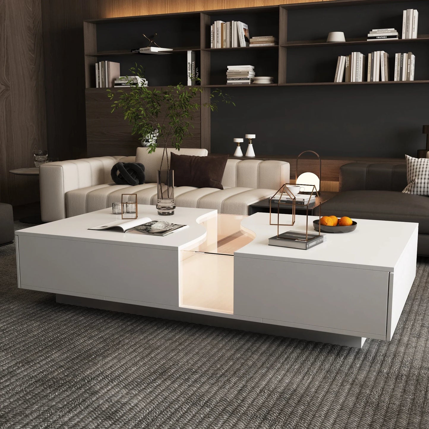 55.1'' Wide Modern Coffee Table With 2 Drawers & LED Lights.