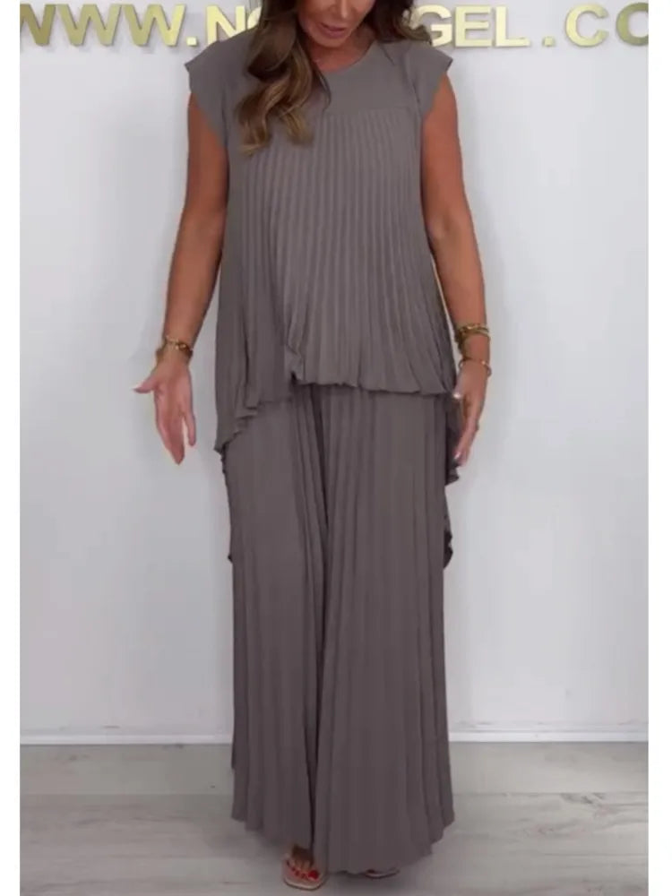 Summer Solid Casual Holiday Two Piece Sets Elegant Women Pleated Irregular O Neck Sleeveless Top + Wide-leg Pants Loose Outfits