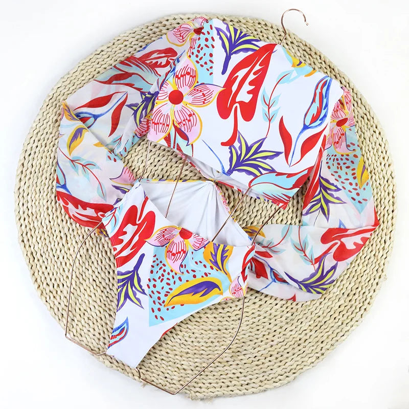 Long sleeve one piece swimsuit for big breast female swimwear 2024 big size bathing suit high waisted cut out sexy floral bikini