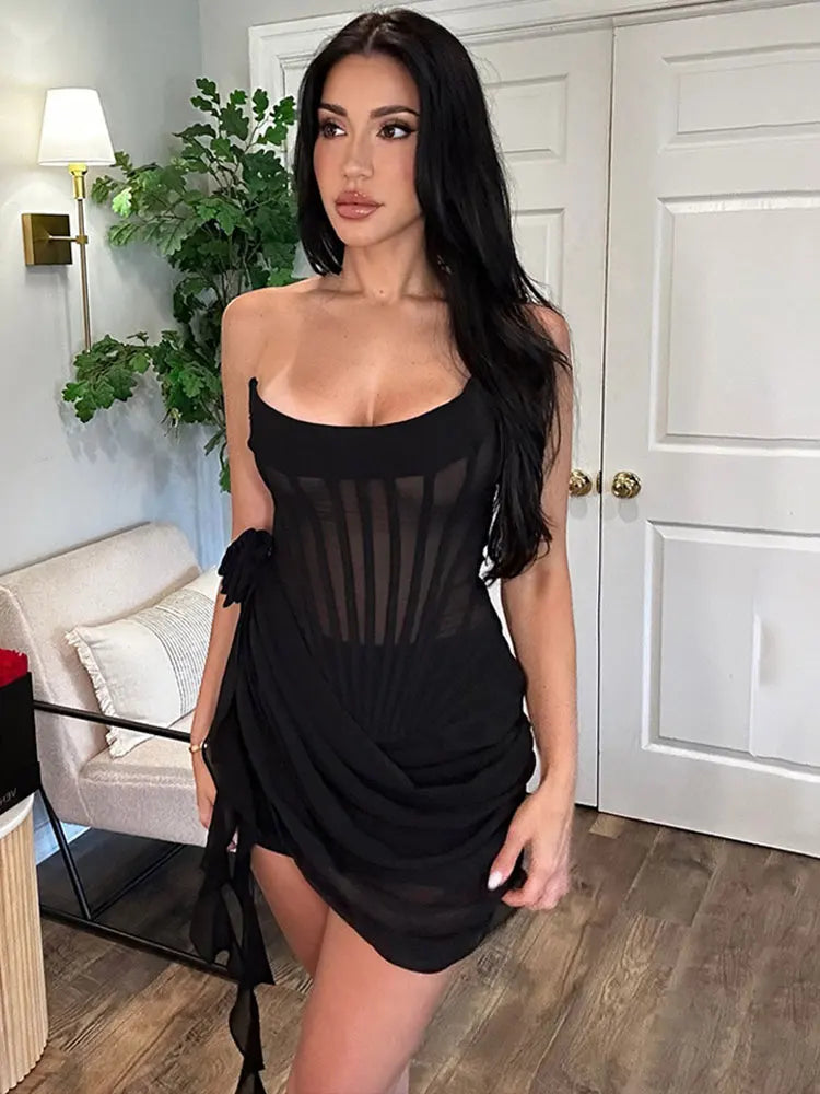 GACVGA Chiffon Mesh Strapless Fold Mini Dress For Women 2024 Summer Corset Back Lace-up Sexy Bodycon Club Party Dress