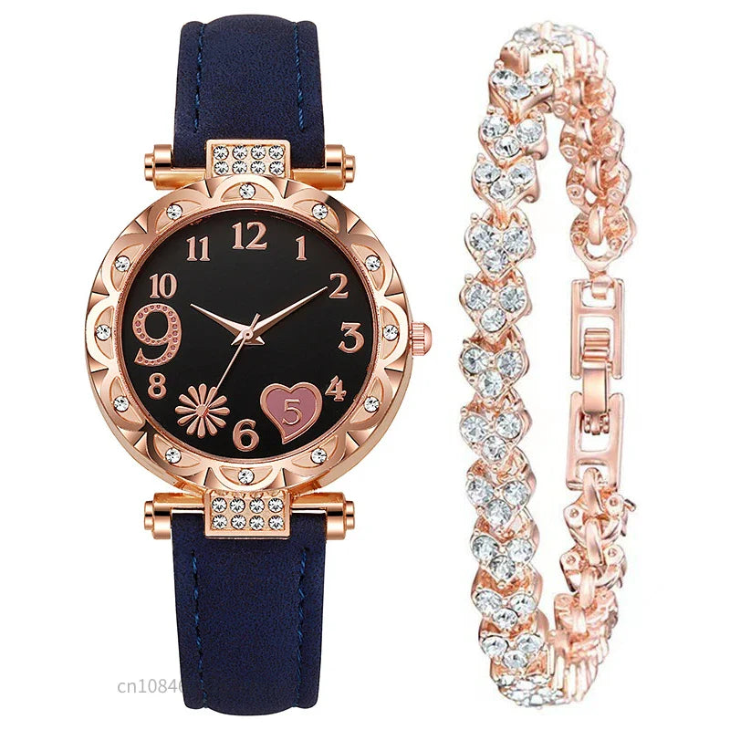 2/1PCS Fashion Heart Dial Women's Watches Luxury Leather Band Quartz Watch Rhinestone Bracelet Set Female Relogio Feminino