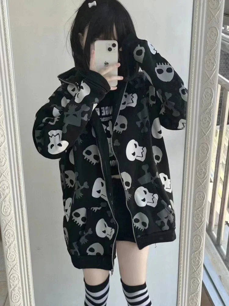 HOUZHOU Harajuku Grunge Vintage Zip Up Hoodies Women 2023 Gothic Skull Print Japanese Fashion Sweatshirt Streetwear Y2k Clothes