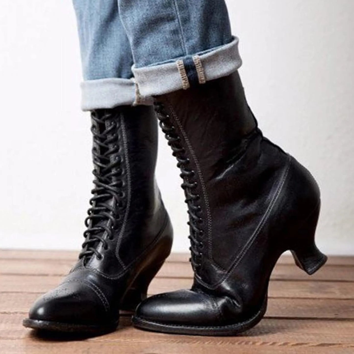 Gothic Women's Boots Toe Heel Ankle Lace Up Pointed toe Boots High Vintage Stretch Cross Tied Shoes zapatos para mujeres