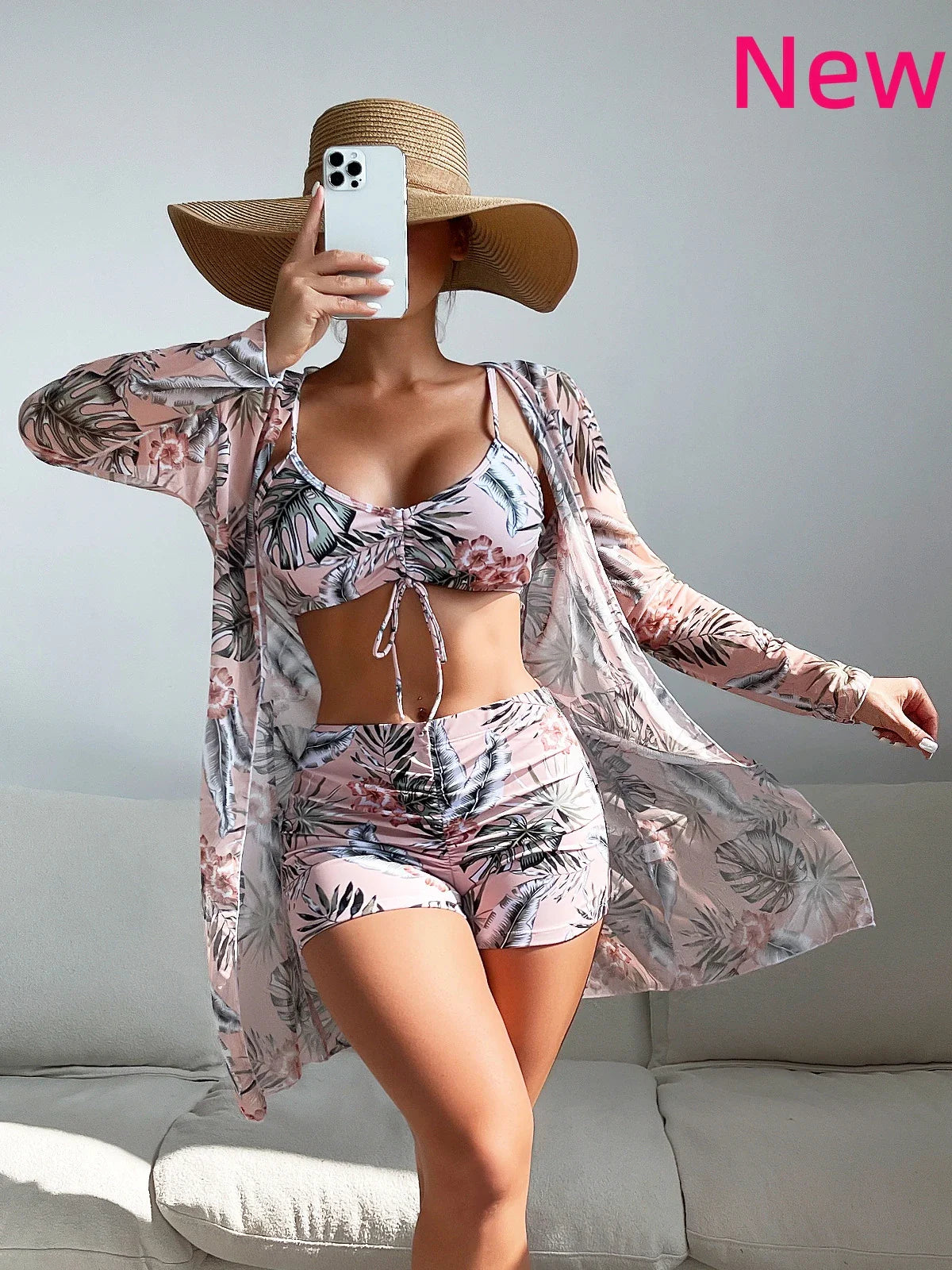 Three Pieces Bikini Set Cover Up Women New Push Up Twist Swimsuit Print Long Sleeve Swimwear Biquini Bathing Suit Summer