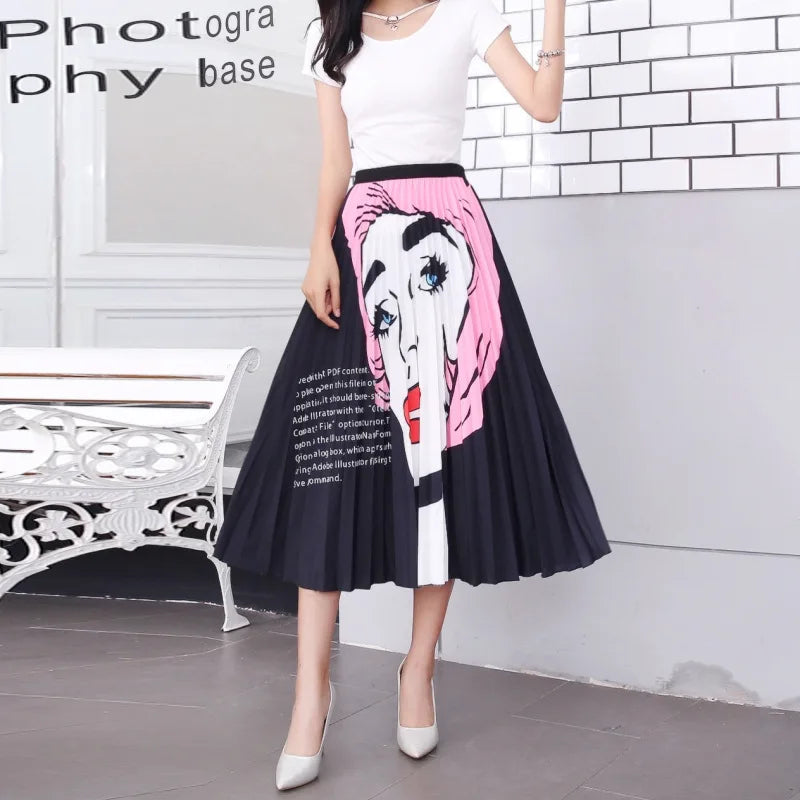 2023 Summer Women Cartoon Print Pleated Skirts A Line High Waisted Elastic Midi Long Skirt Ladies Party Korean Style Dresses