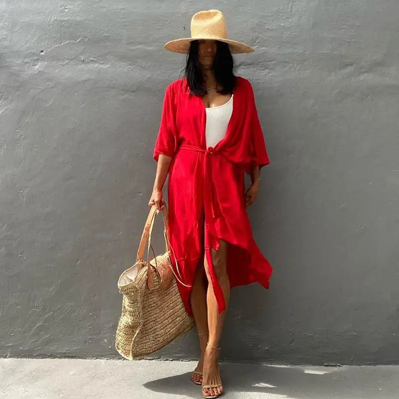 2023 Women's Boho Stripe Tie Dye Swimsuit Cover Up with Belt Tunic Sarong Cardigan Dress Bikini Cover-ups Beach Wear Kimono