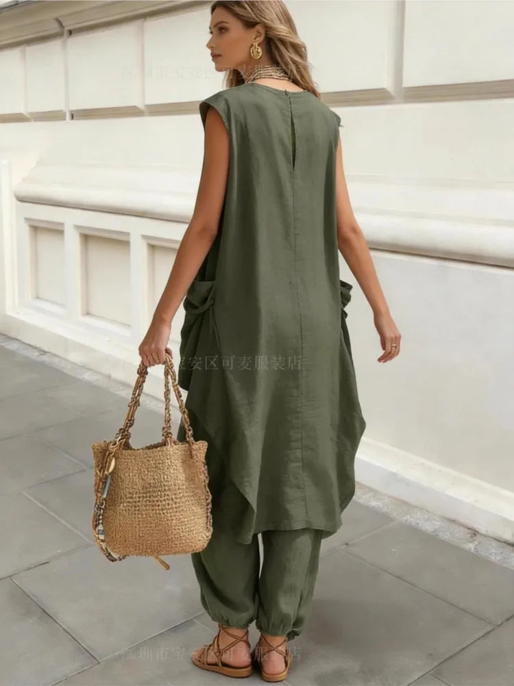 Women Loose Two-piece Sets Sleeveless Large Pockets Irregular Long Top Wide-leg Trousers Summer Casual Holiday Solid Color Suits