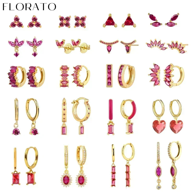 925 Sterling Silver Ear Needle Rose colors Zircon Hoop Geometric Pendant Earrings for women Luxury Fashion Wedding Jewellery2023