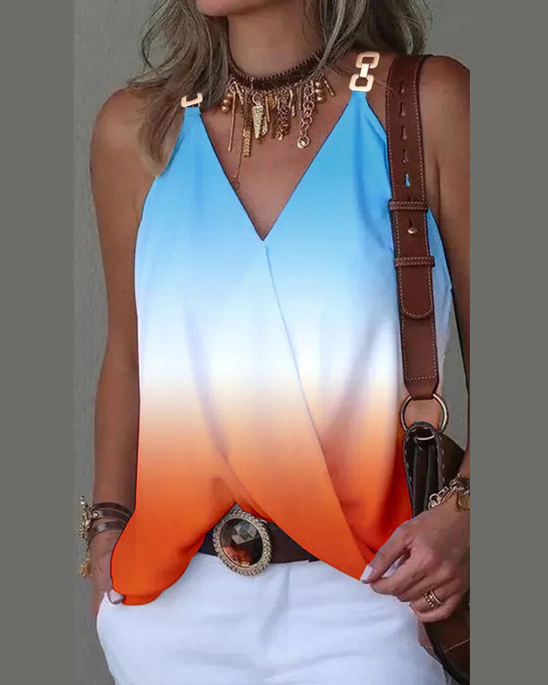 Women's Summer Simple V-neck Metal Buckle Printed Tank Top 2023 Sexy Women's Casual Sleeveless Loose Strap T-shirt