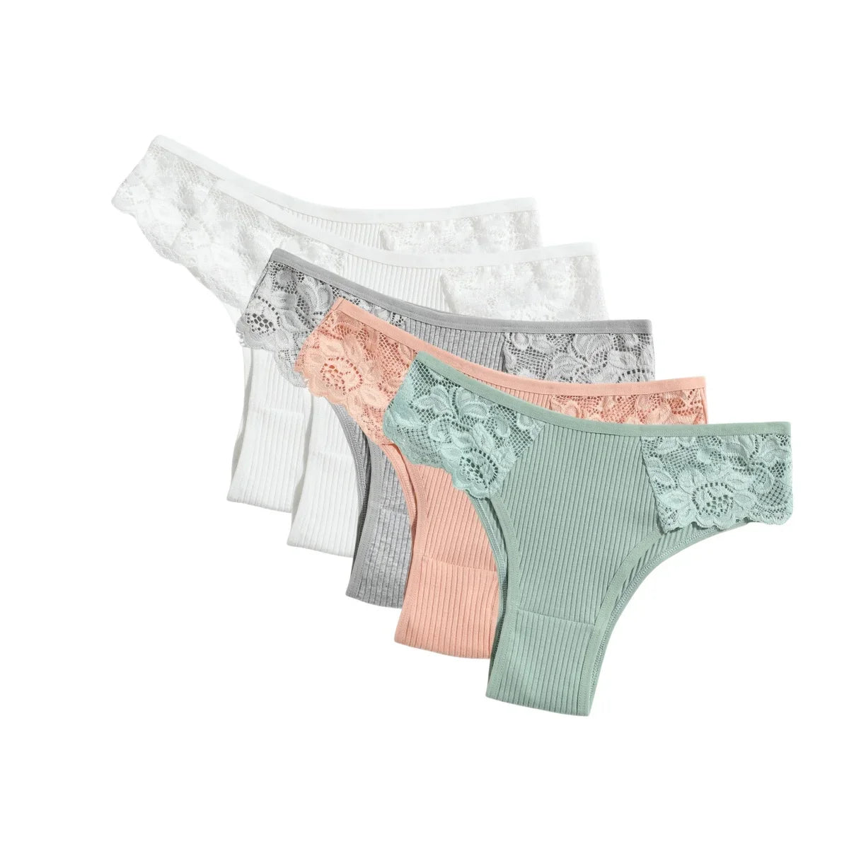 5Pcs/Set Women Cotton Panties Floral Lace Side Panel Low Rise Rib Briefs Low Cut Underwear Comfort Sexy Lingerie Daily Bikini