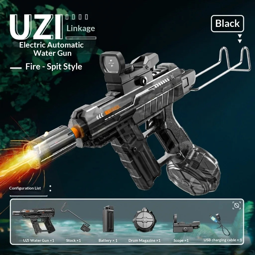 UZI Electric Water Gun with Lights Cool Electric Continuous Firing and Reloading Summer Water Play Kid’s Adult Toy Water Gun