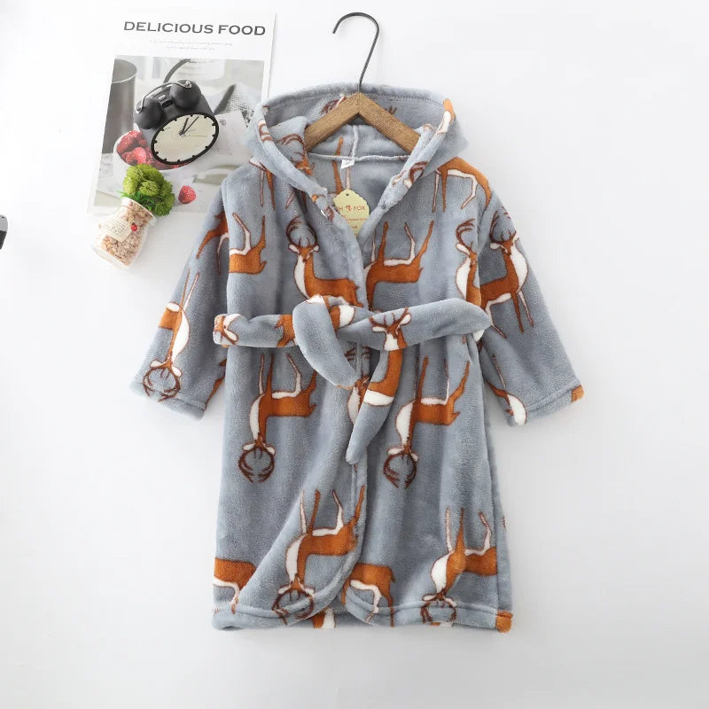 Winter Children Flannel Bath Robe Baby Cartoon Printed Hooded Bathrobe Baby Boy Girl Pajamas Kids Sleepwear Robe Nightgown
