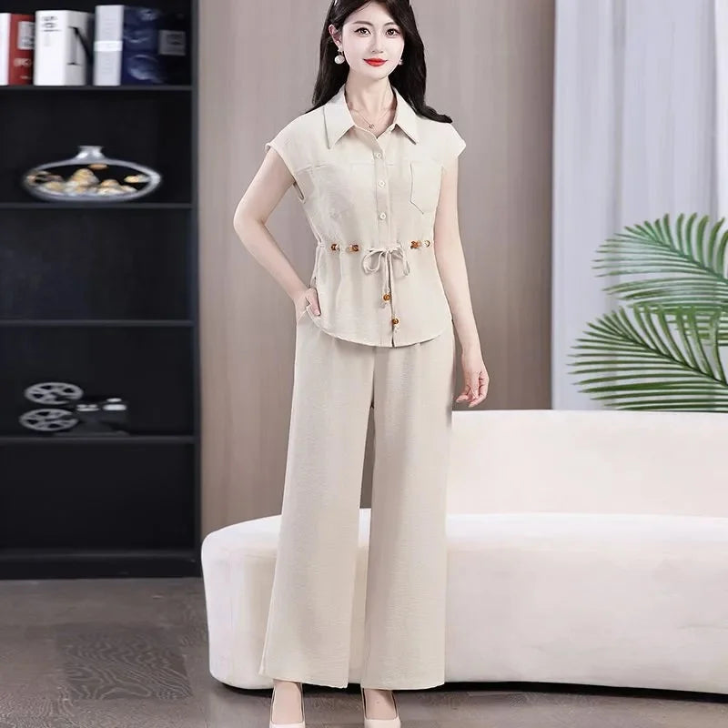 Women Large Size 4XL Casual Outfit Summer Female Fashion Ice Silk Shirt Two-piece Set Korean Ladies Short Sleeved Pantalons 2PCS
