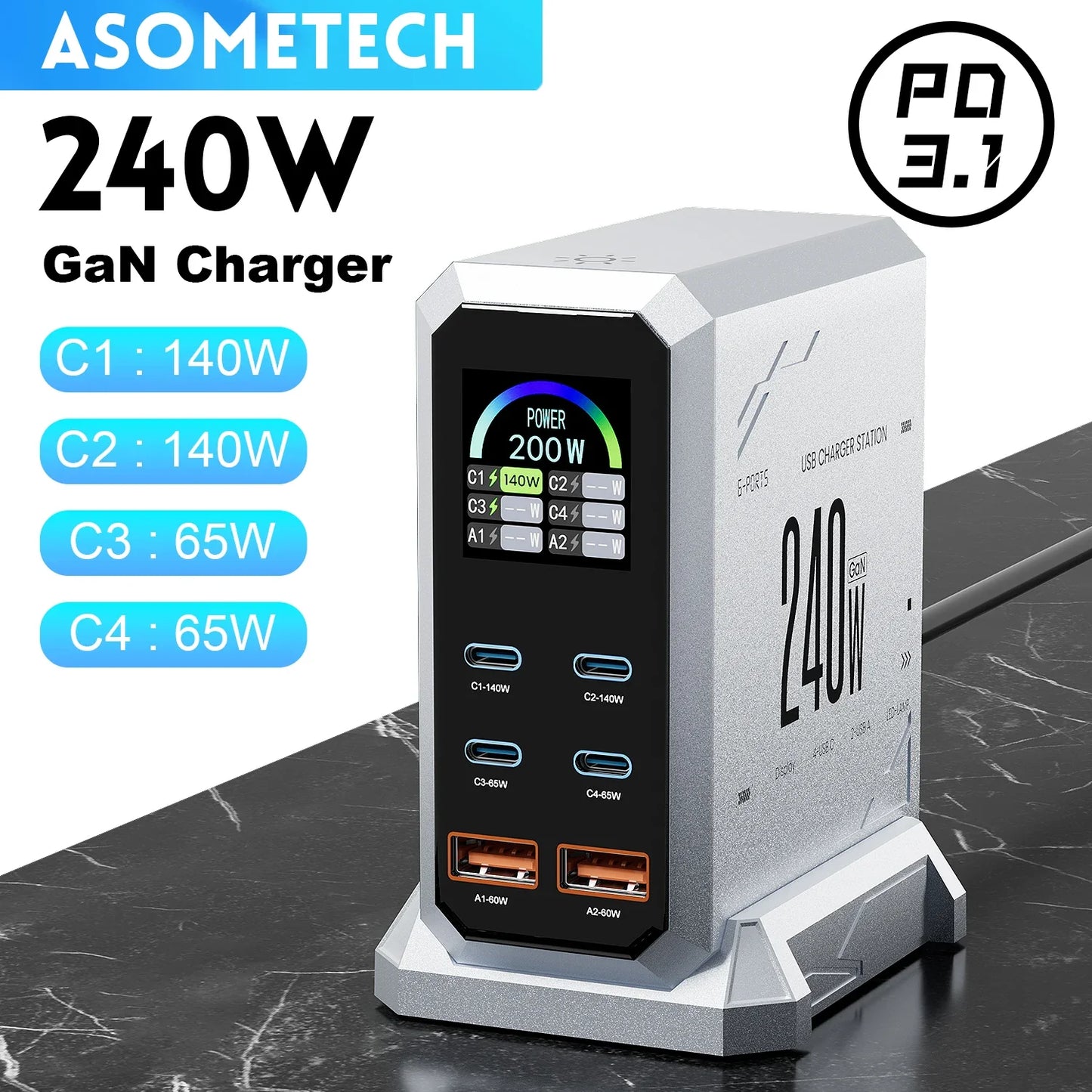 240W Digital Charger PD3.1 140W USB Type C 6 Ports