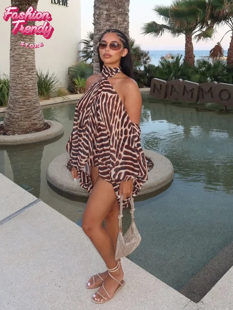 Y2k Mixed Leopard Zebra Two Piece Set Tie Halter Cut Out Shoulder Flared Sleeve Top High Cut Bodycon Shorts Sets Night Out Suit