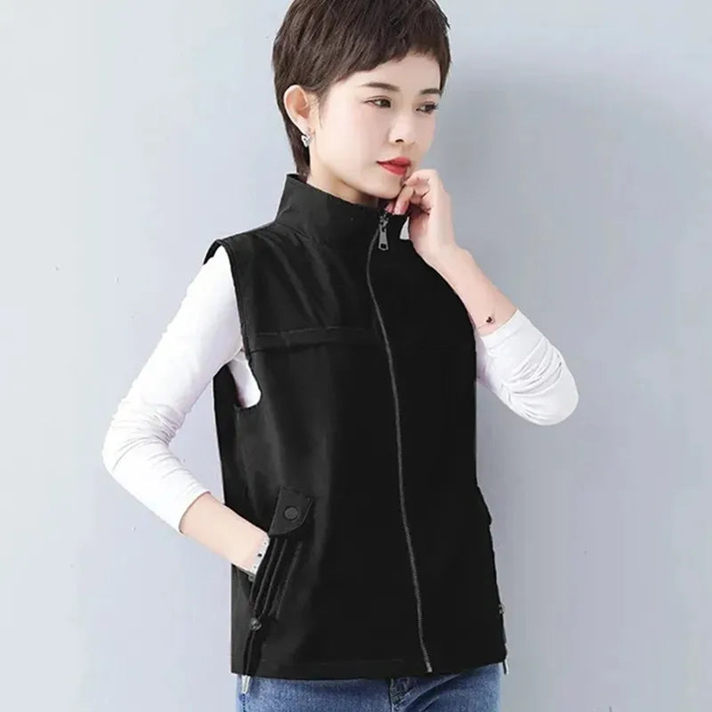 Casual Khaki Short Women's Vest Oversize Liner Sleeveless Jackets 2023 Spring Summer New Zipper Basic Waistcoat Female Outerwear