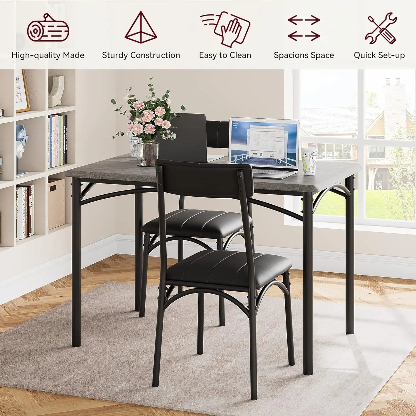 5-Piece Industrial Dining Table Set, Compact Kitchen Table & 4 Padded Chairs, Dining Room Furniture Set for Small Space.