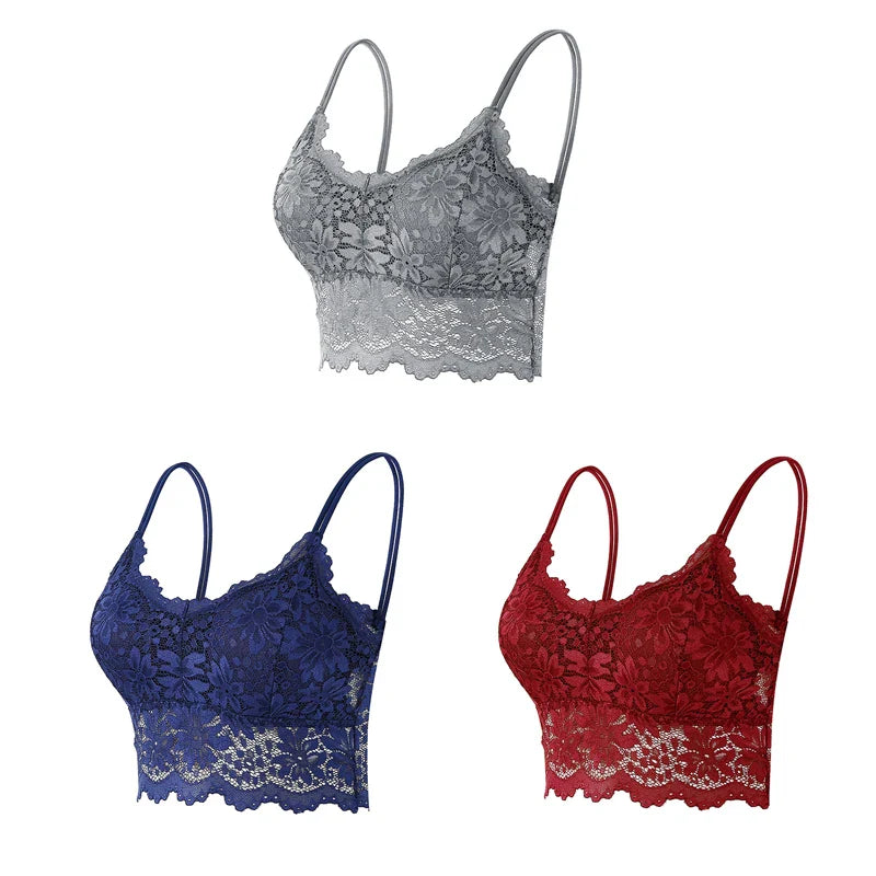 3PCS Women's Lace Top Comfortable Bralette, Solid Color Underwear Vest.
