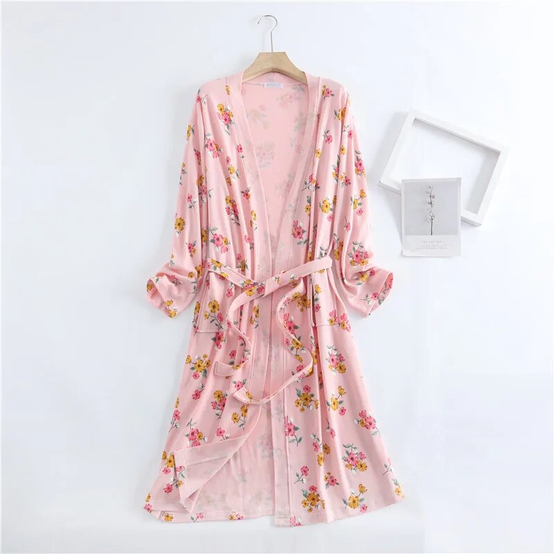 Spring and Autumn Cotton Waffle Kimono Bride Bathrobe and Night Gown Home Wear Women Flower Print Sashes House Robe for Women