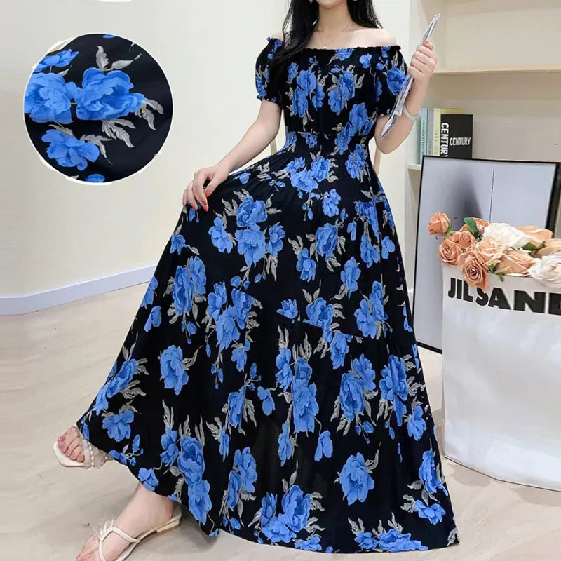 Vintage Bohemian Beach Floral Midi Dress Korean Reviews Many Dress Off Shoulder Elastic Waist Large Swing Women's Elegant Dress