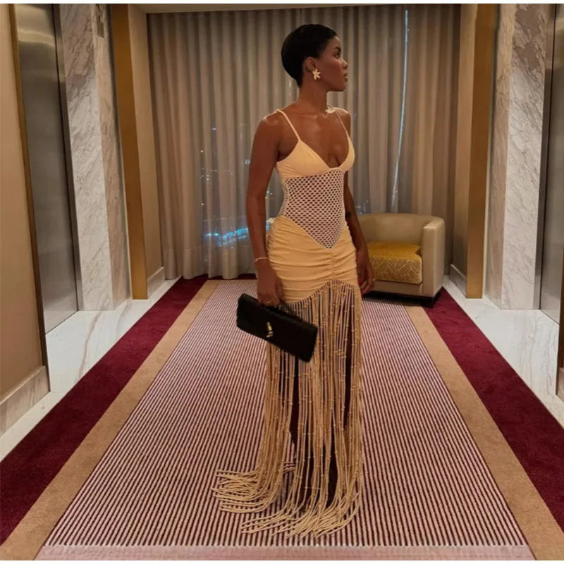 Hollow Out See-through Long Dress Women Holiday Tassels High Waist Sleeveless Strap Dresses Female Backless Evening Club  Robe