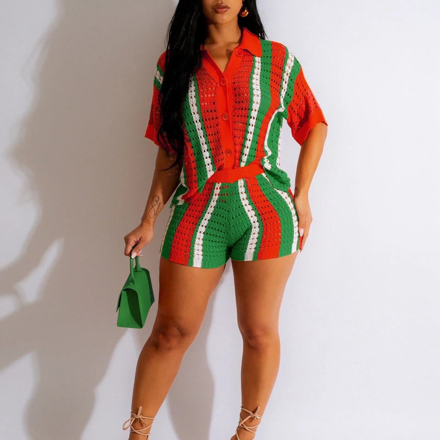 Women Summer Beach Vacation Two 2 Piece Outfits Crochet Sets Causal Knit Short Sleeve Button Down Shirt And Shorts Matching Set